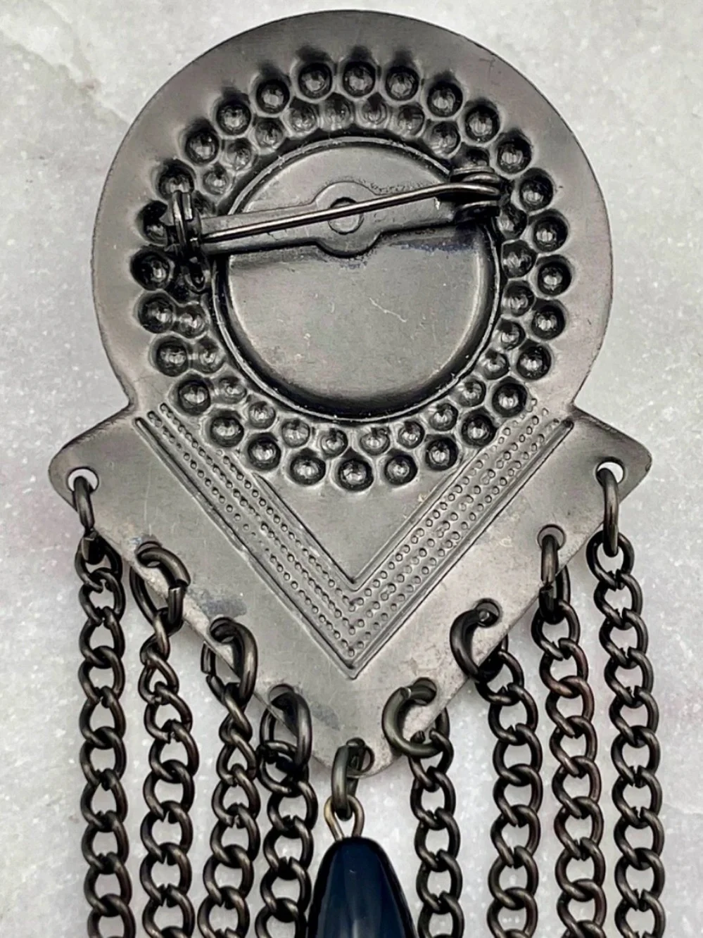 Vintage 80s Art Deco Revival Black Cabochon Antiqued Silver Chain Fringe Brooch